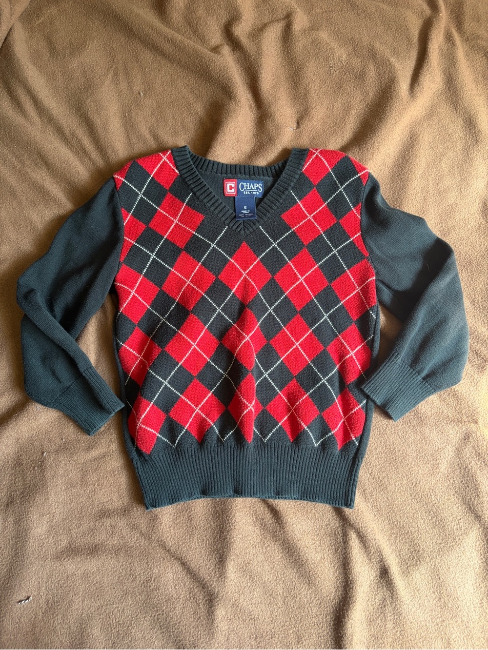 Chaps Red and Black Argyle V-Neck Sweater - Kids